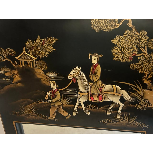 Mid-20th Century Chinoiserie Black Lacquer Hand-Painted Wall Mirror For Sale - Image 4 of 8