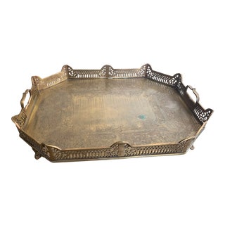 Antique Persian Hand-Engraved Copper & Brass Footed Tray With Pierced Raised Gallery For Sale
