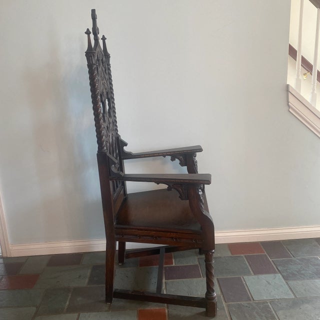 Coffee English Tudor Gothic Revival Armchair Throne For Sale - Image 8 of 12