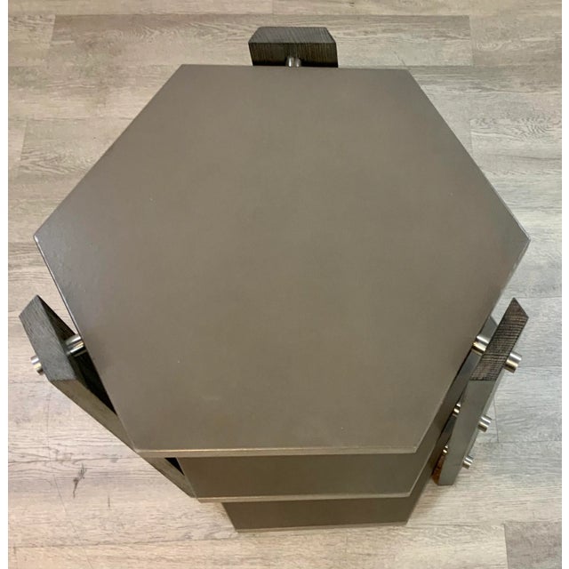 Theodore Alexander Theodore Alexander Modern Taupe Leather Hexagonal Theory Side Table For Sale - Image 4 of 5