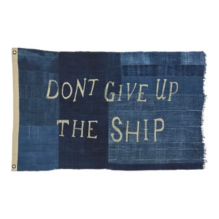 Large Patchwork Indigo Flag, Don't Give Up the Ship, Unique For Sale
