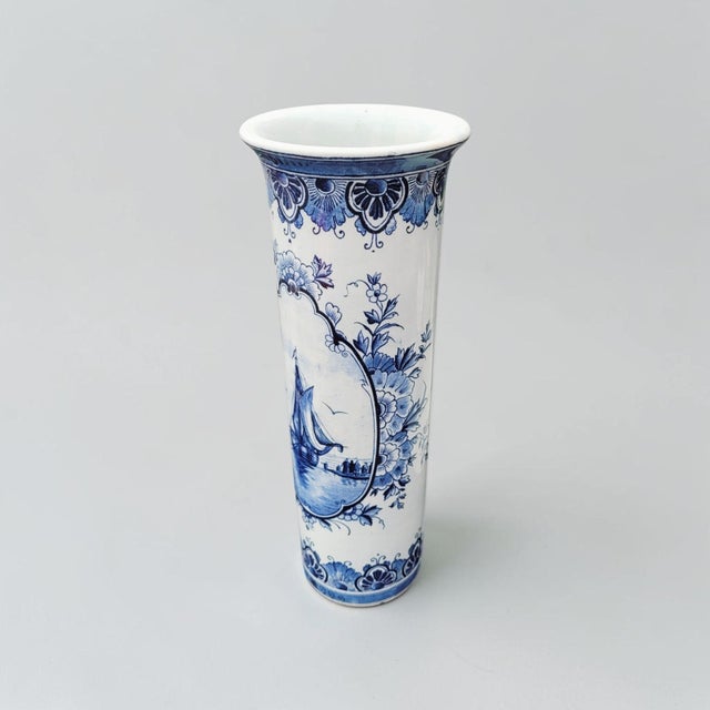 Ceramic Vintage Hand-Painted Dutch Delft Blue Sailing Ship Vase, 1950s For Sale - Image 7 of 17