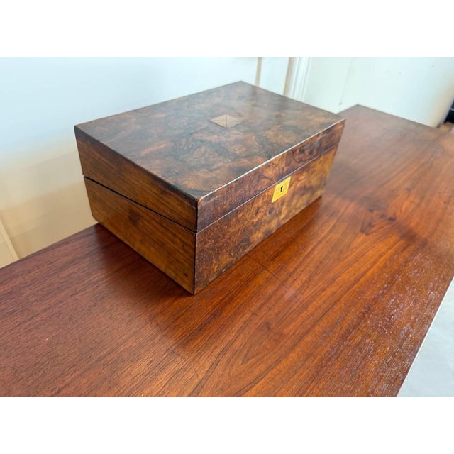Early 20th Century Antique Victorian Style Burr Walnut Brass Writing Box For Sale - Image 14 of 16