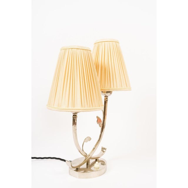 Rare Art Deco table lamp with fabric shades vienna around 1920s. Brass nickel - plated. Fabric shades are replaced (new)....