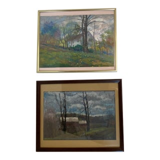 Framed Similar Size Artworks 1980s John Elliot Original Oil Pastel Impressionistic Landscape Drawings With Coa -A Set of 2 for Luanne For Sale