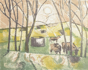 Poul Ekelund, Cows in a Landscape, 1972, Color Lithograph on Paper