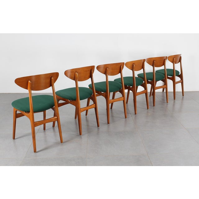 Wood Mid-Century Scandinavian Wood and Green Fabric Chair, 1960s, Set of 6 For Sale - Image 7 of 16