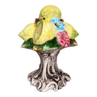 Vintage Italian Hand Painted Majolica Lemon Pedestal Centerpiece For Sale