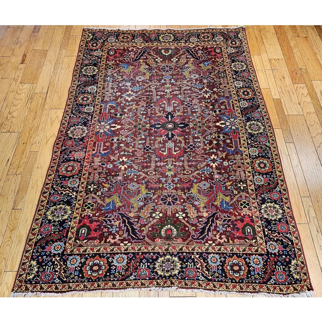 Vintage Persian Heriz Serapi Rug, Hand-Knotted Wool, All-Over Geometric Pattern, Red & Navy, 7x10 For Sale In Chicago - Image 6 of 14
