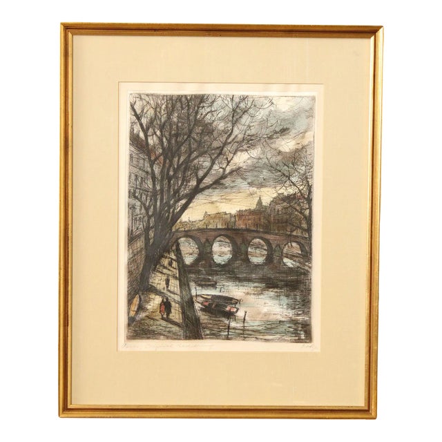 Vintage 20th Century 'Paris' Seine Colored Etching, Custom Framed For Sale