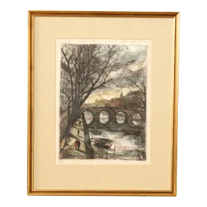 Vintage 20th Century 'Paris' Seine Colored Etching, Custom Framed