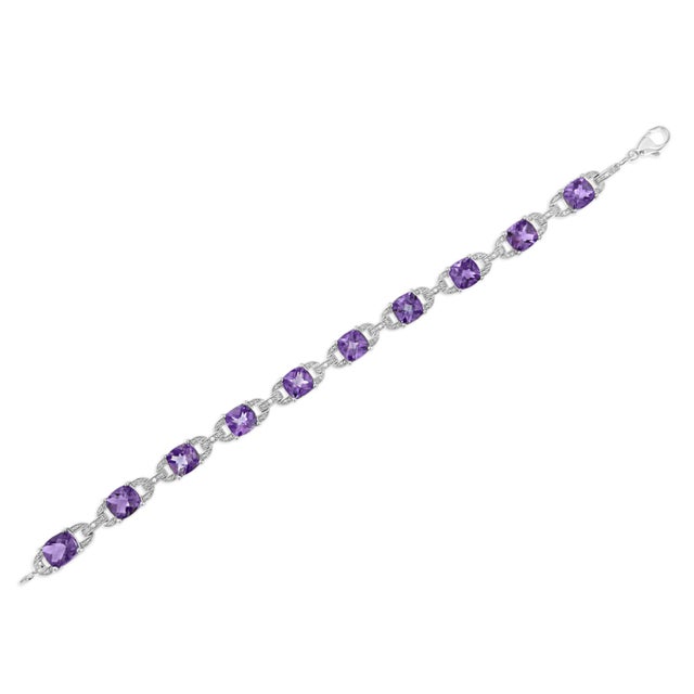 Early 21st Century .925 Sterling Silver 7mm Cushion Cut Amethyst Gemstone and Diamond Tennis Link Bracelet - Size 7" For Sale - Image 5 of 7