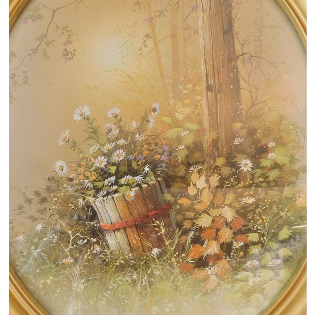 Metal Large Pair Vintage 1970s Oval Gold Roses Syroco Floral Cabin Glass Hanging Pictures Framed Wall Decor For Sale - Image 7 of 10