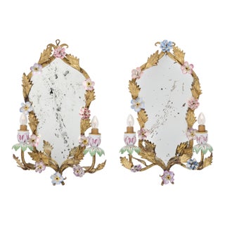 Pair of Mirror Sconces, Italian Antique, Floral and Tole For Sale