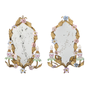 Pair of Mirror Sconces, Italian Antique, Floral and Tole