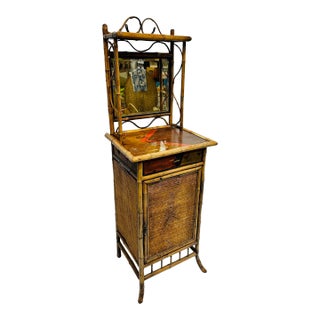 1910s Antique Scorched Bamboo & Grasscloth Mirrored Cabinet For Sale