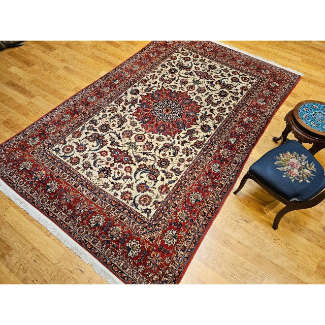 Ivory Vintage Persian Isfahan Rug, Hand-Knotted Wool, Floral Pattern, Ivory & Red, 7x11 For Sale - Image 8 of 18
