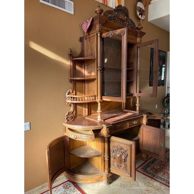 Antique French Renaissance Style Heavily Carved Walnut Buffet Hutch With Glass Doors (Jg) For Sale - Image 12 of 16