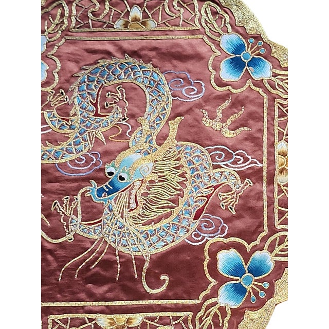 Stunning antique Chinese hand embroidered gold silk dragon motif roundel in excellent condition. Attributed late Qing...