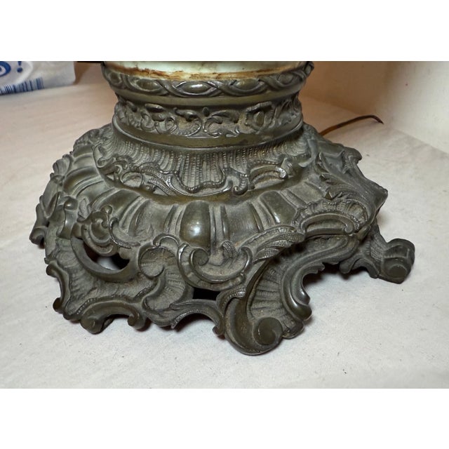 Huge 1800s Antique Ornate French Hand Painted Porcelain Bronze Kerosine Oil Lamp For Sale - Image 17 of 18