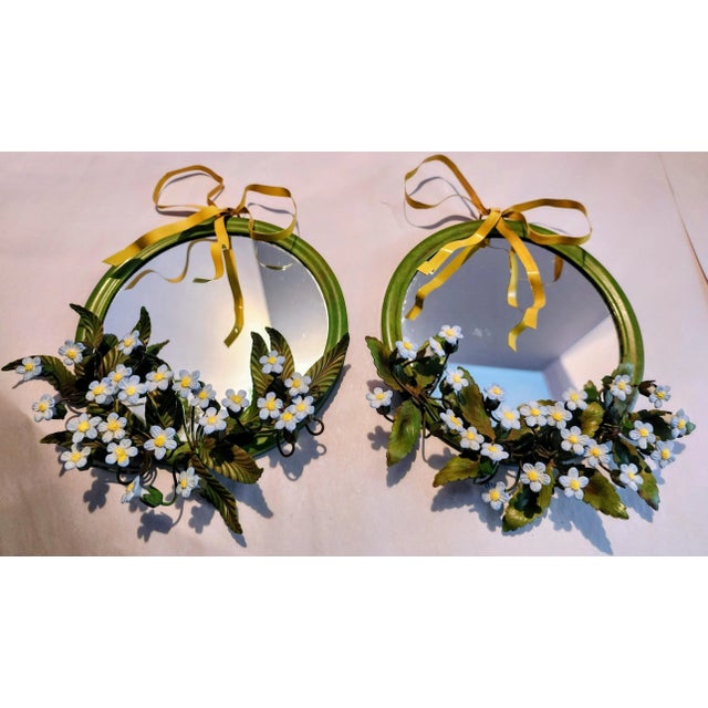 1970s Tole Petite Choses Vintage Round Mirrors With Forget-Me-Nots & Bow- A Pair For Sale - Image 5 of 5