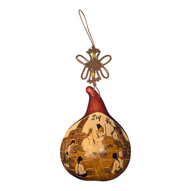 Vintage Hand-Painted Korean Gourd Wall Hanging – Traditional Seodang Scene For Sale