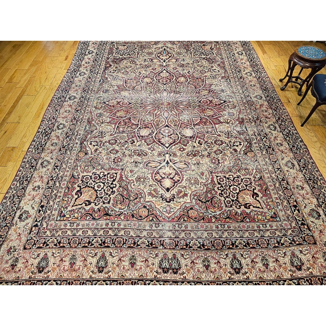 19th Century Oversized Persian Kerman Lavar Rug, Hand-Knotted Wool, Floral Pattern, Ivory & Burgundy, 11’ X 16’ For Sale - Image 4 of 14