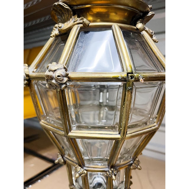 Brass Early 20th Century Brass & Beveled Glass Lantern Pendant Light For Sale - Image 8 of 10