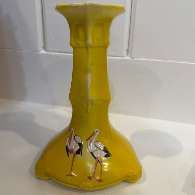 Art Nouveau Antique Royal Bayreuth Bavarian Yellow Porcelain Stork Candlestick & Trinket Dish/Ashtray Set - 2 Pieces For Sale - Image 3 of 12