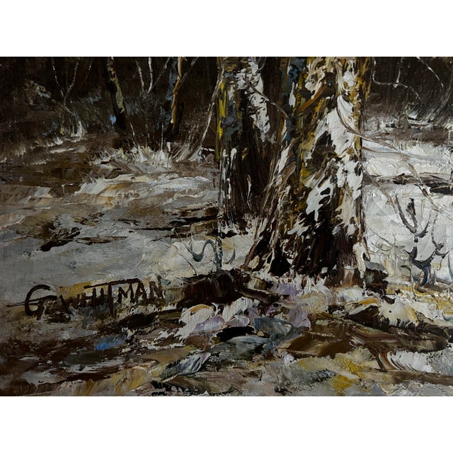 Vintage Mid Century Original Large Landscape Oil Painting of Snowy Mountains in Black & Gold Frame For Sale In Philadelphia - Image 6 of 8