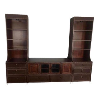 Mahogany 3 Piece Wall Unit Lighted Curious and Storage. Leather Tops. For Sale