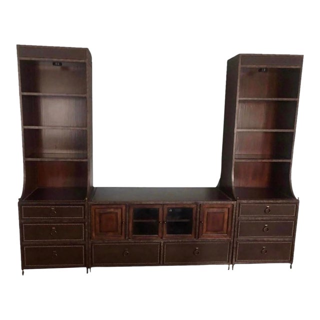 Mahogany 3 Piece Wall Unit Lighted Curious and Storage. Leather Tops. For Sale