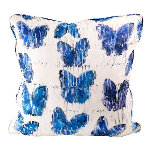 Hunt Slonem Butterflies in Blue Cotton Pillow Cover For Sale