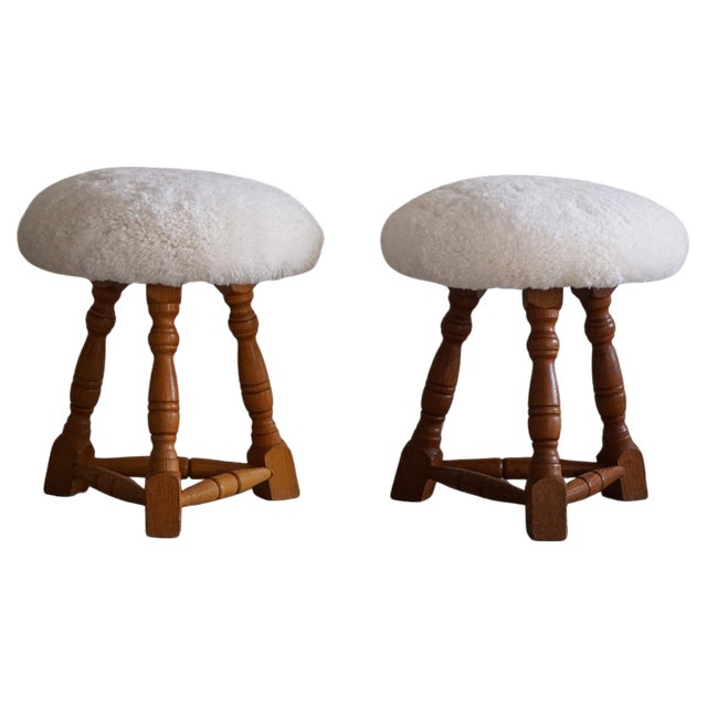 Set of Danish Modern Tripod Stools with Lambswool Seats, 1950s For Sale