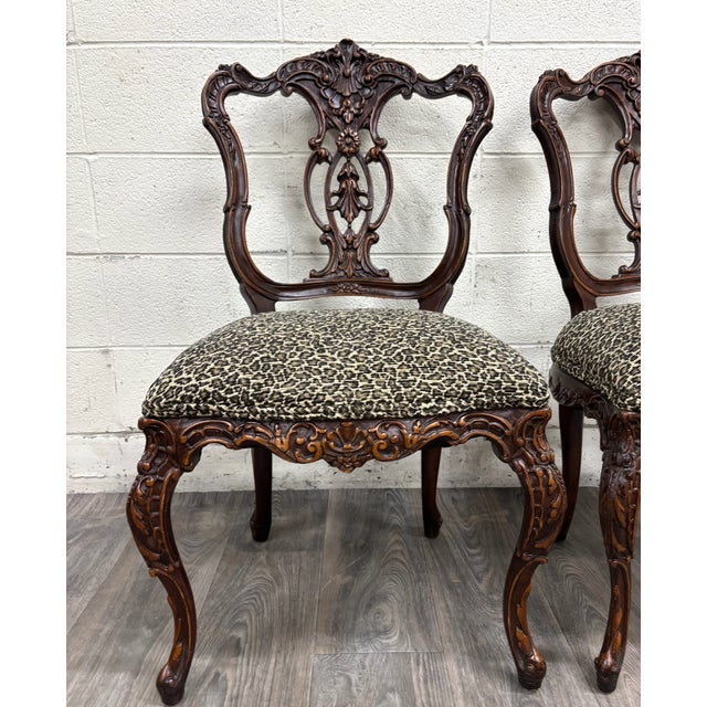 Antique Late 1800s French Rococo Revival Carved Walnut Side Chairs - Pair For Sale - Image 4 of 15