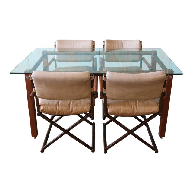 Vintage Dining Set After Cleo Baldon or Cal Style Table With Brass Director Chairs For Sale