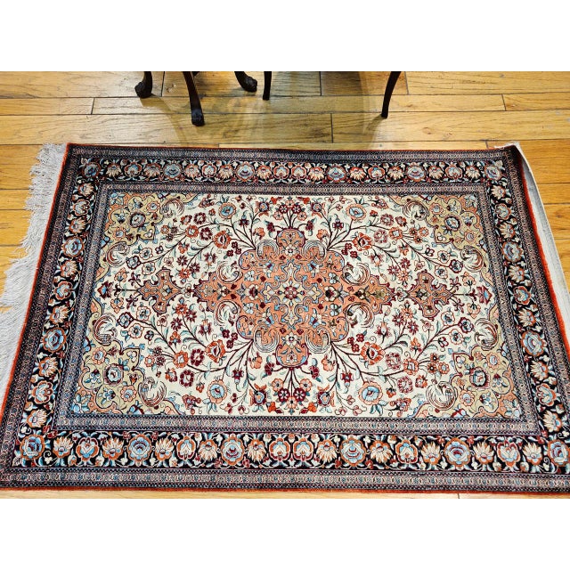 Vintage Persian Qum Area Rug, Hand-Knotted Silk, Floral Pattern, Ivory & Navy, 3x5 For Sale - Image 9 of 18