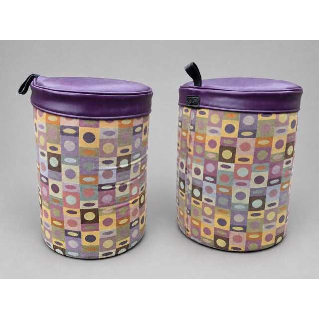 Rare matching pair of Turnstone by Steelcase Crushed Can stools retaining their original factory upholstery in the...