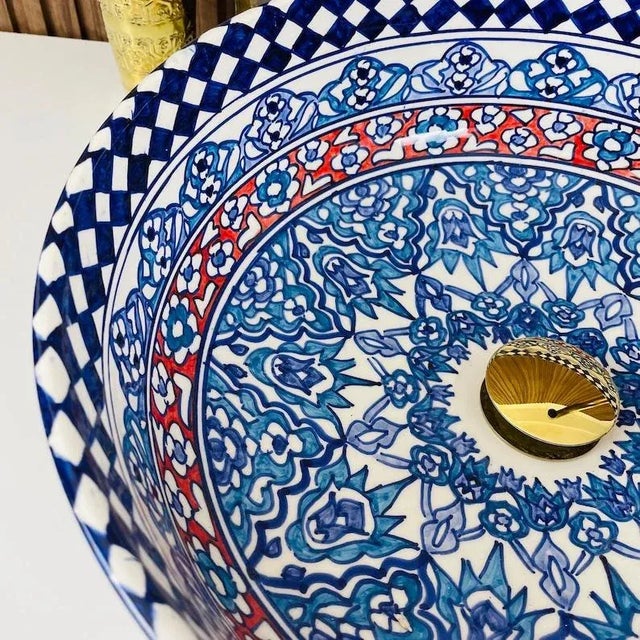 Metal Moroccan Ceramic Hand Painted Blue Ceramic Top Sink for Bathroom For Sale - Image 7 of 7