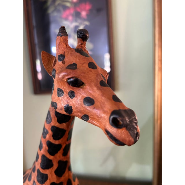 Animal Skin 1970’s 18” Leather Wrapped Hand Painted Giraffe Model For Sale - Image 7 of 9