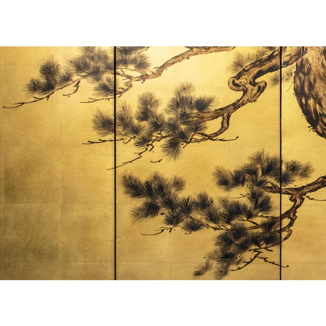 "Pine Tree" by Yukika, Late Showa Era Japanese Painted Byobu Screen For Sale - Image 4 of 18