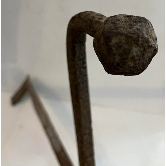 Early 20th Century Early 20th Century Rustic Uneven Pair of Hand Wrought Iron Andirons From Upstate New York Estate For Sale - Image 5 of 9