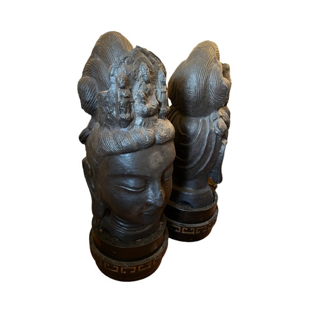 Metal Heroic Ming Bodhisaatva Cast Iron Heads - Set of 2 For Sale - Image 7 of 8