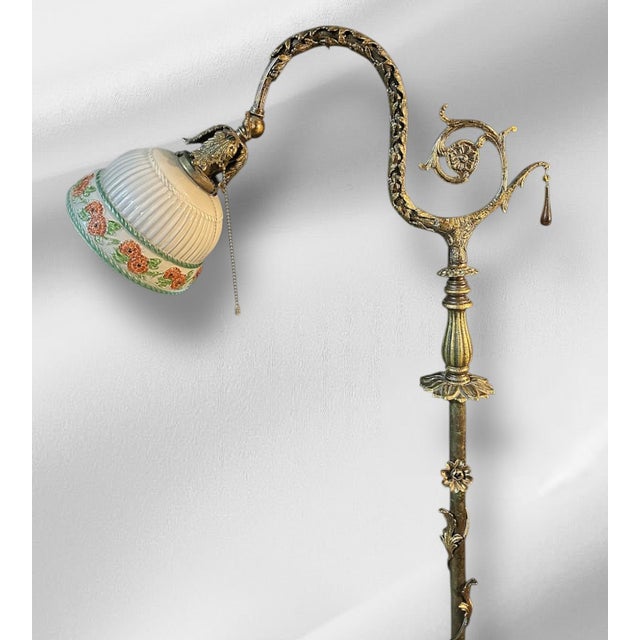 Victorian 1910s Ornate Brass Bridge Lamp With Floral Shade For Sale - Image 3 of 15