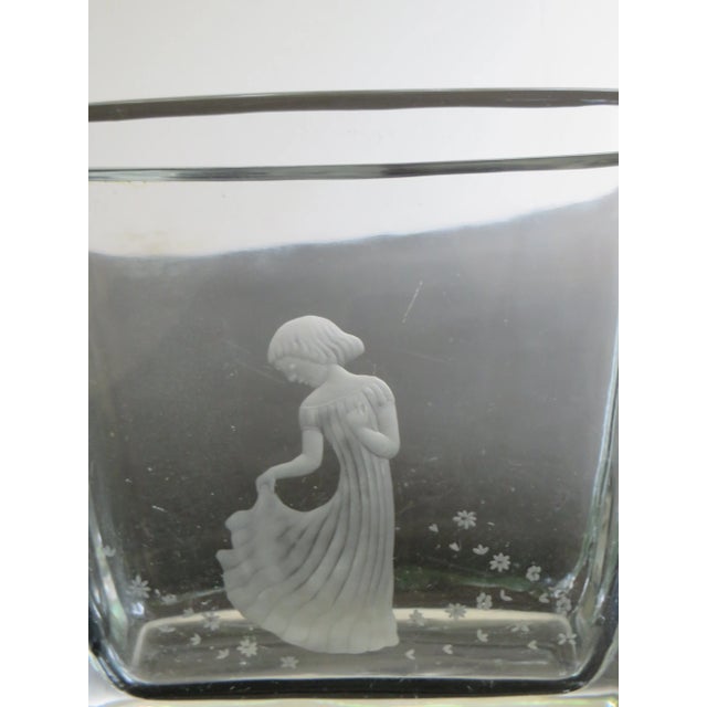 Figurative Vintage Orrefors Art Glass Vase With Etched Girl and Flowers For Sale - Image 3 of 8