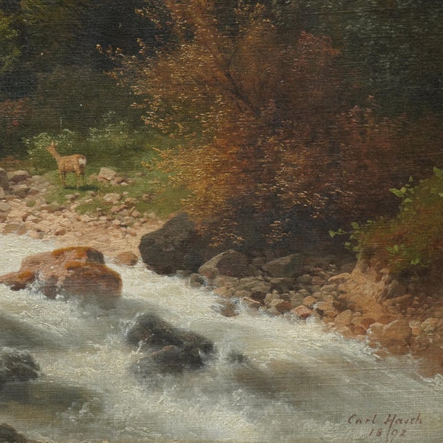 Carl Hasch, Mountain Landscape with Rapids, 1892, Oil on Canvas, Framed For Sale - Image 7 of 15