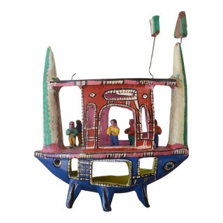 Vintage Candelario Medrano Mexican Folk Art Ceramic Boat Sculpture For Sale