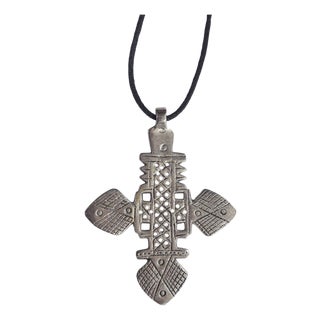 Vintage Abyssinian /Coptic Cross Pendant Ethiopian Silver 3.25" H For Sale