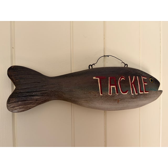 Vintage New England-Style Hand-Carved Fish Bait & Tackle Folk Art Sign For Sale - Image 10 of 13