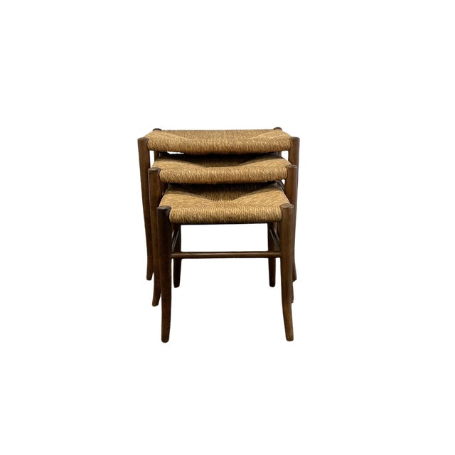Italian Vintage Mid Century Piazza Original Italian Set of 3 Rush Seat Nesting Stools/Tables, Attributed to Gio Ponti For Sale - Image 3 of 17
